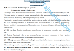 8601 AIOU Solved Assignment No.1 2020 (General Methods of Teaching) Download