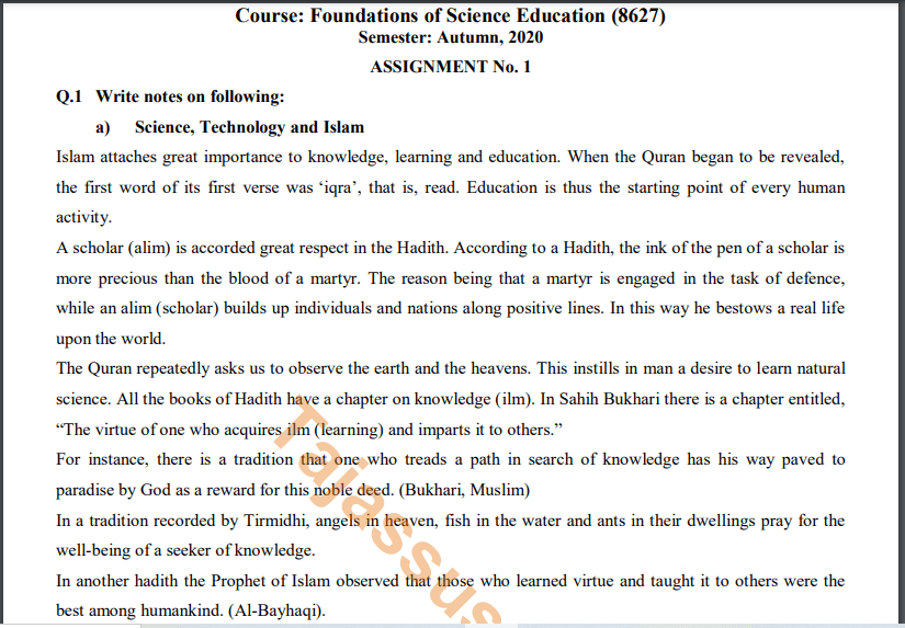 AIOU Solved Assignment No.1 8627/Foundations of Science Education Download