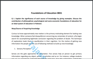 Foundations of Education 0831 Solved Paper and Assignment 2021