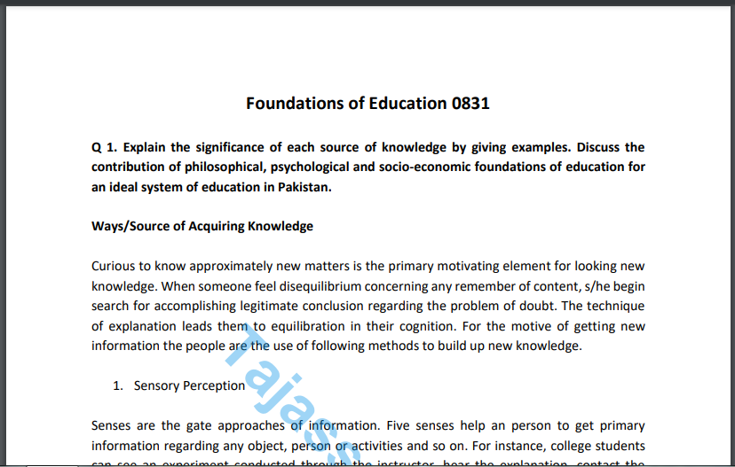 Foundations of Education 0831 Solved Paper and Assignment 2021