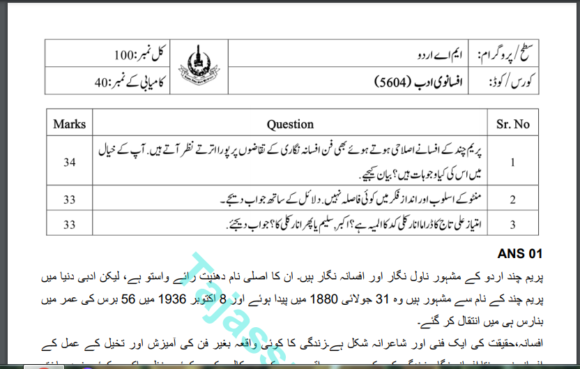 5604 MA Urdu Solved Paper Spring 2021 Download