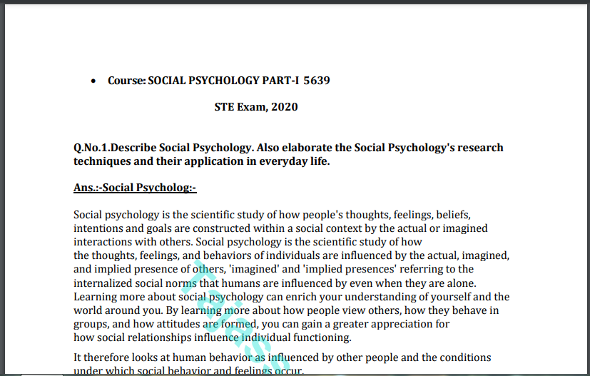 Solved Paper AIOU 5639 SOCIAL PSYCHOLOGY PART-I Spring 2021 Download