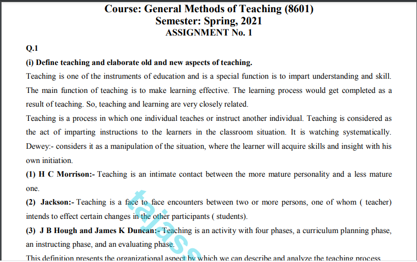 AIOU General Methods of Teaching (8601) Solved Assignment No.1 Spring 2021 Download