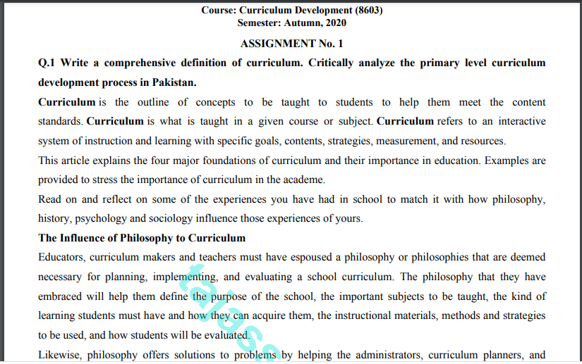 Curriculum Development (8603) Solved Assignment No. 1 Autumn, 2020