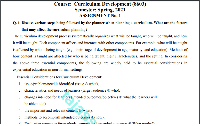 Curriculum Development (8603) Solved Assignment No. 1 Spring, 2021 
