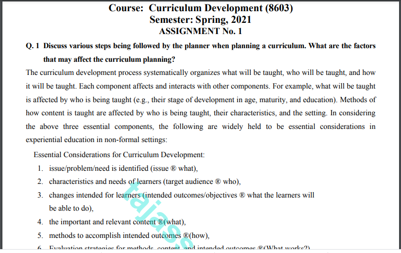 Curriculum Development (8603) Solved Assignment No. 1 Spring, 2021