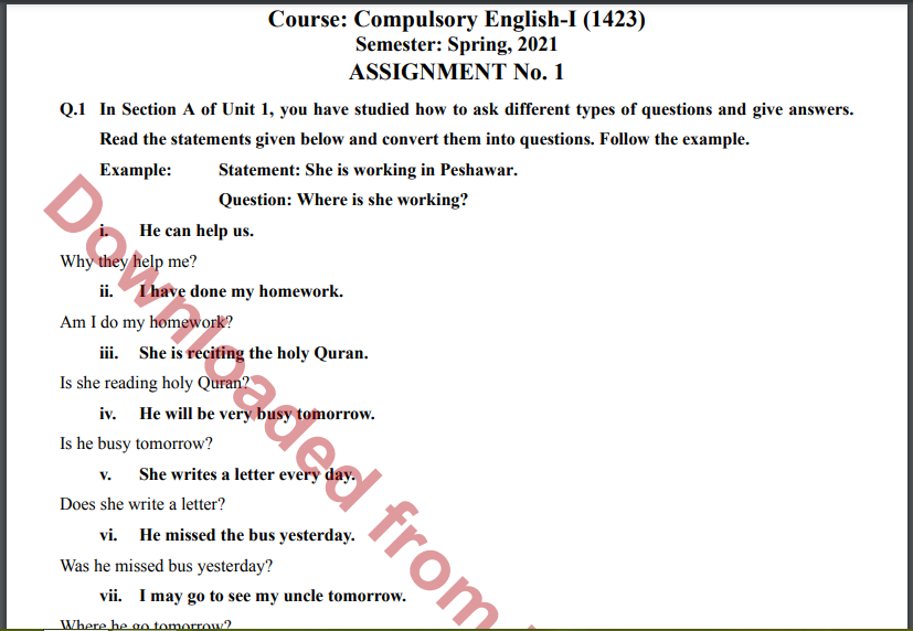 Aiou Compulsory English-I (1423) ASSIGNMENT No. 1 Spring, 2021 Download free