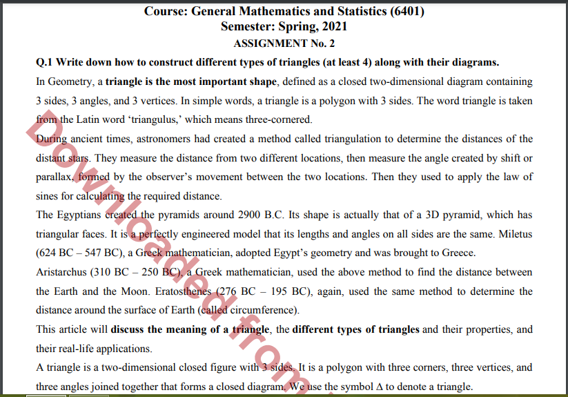 Aiou General Mathematics and Statistics (6401) ASSIGNMENT No. 2 Spring, 2021 Download free