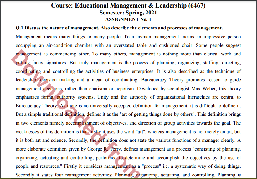 Aiou Educational Management & Leadership (6467) ASSIGNMENT No. 1 Spring, 2021 Download free