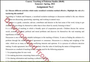Aiou Teaching of Pakistan Studies (8640) ASSIGNMENT No. 2 Spring, 2021 Download free