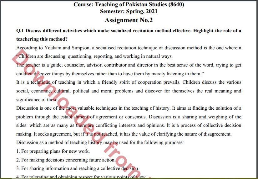 Aiou Teaching of Pakistan Studies (8640) ASSIGNMENT No. 2 Spring, 2021 Download free 