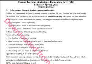 623/Teaching Strategies at Elementary Level Solved Assignment No.1 Download