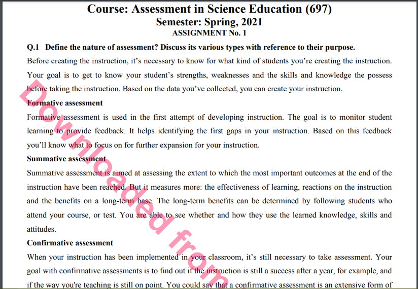 697/Assessment in Science Education Solved Assignment No.1 Download 