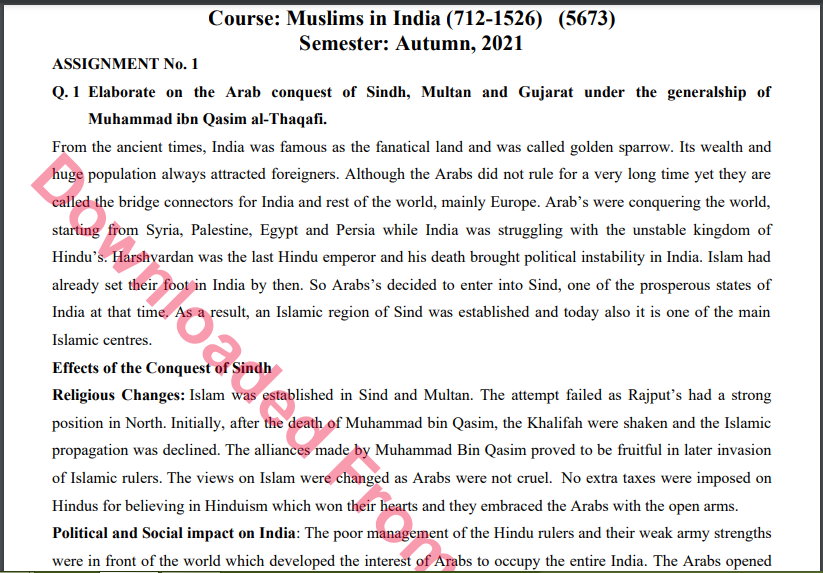 AIOU 5673/Muslims in India Solved Assignment No. 1  M.A History Download