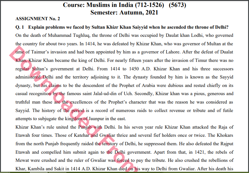 AIOU 5673/Muslims in India Solved Assignment No. 2 M.A History Download