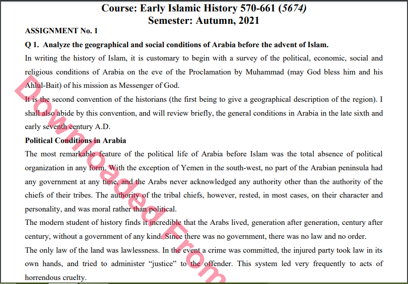 5674/Early Islamic History 570-661 Assignment No. 1 M.A History Solved  Download