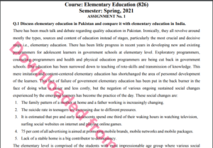826/Elementary Education Solved Assignment No.1 Download