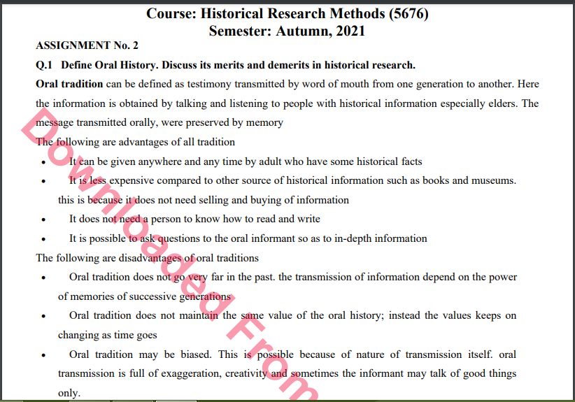 5676/Historical Research Methods Assignment No. 2 M.A History Solved Download