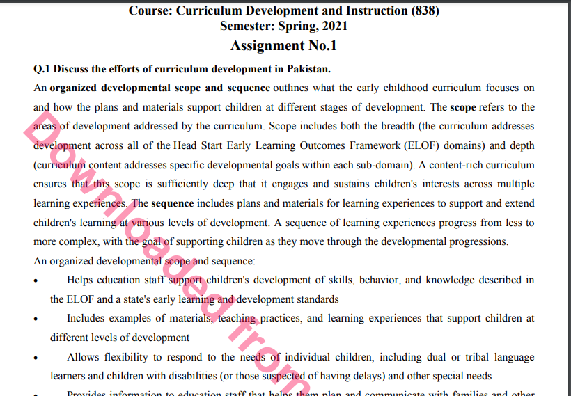 838/Curriculum Development and Instruction Solved Assignment No.1 Download 