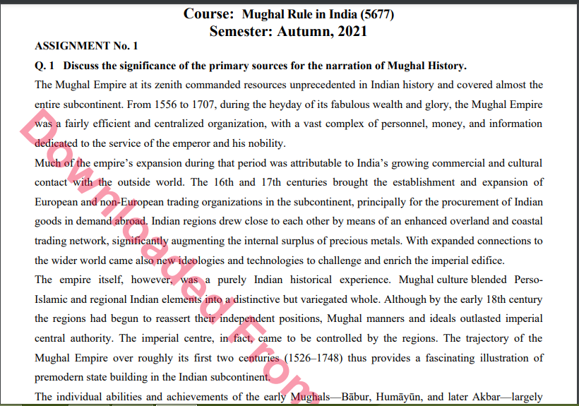 5677/Mughal Rule in India Assignment No. 1 M.A History Solved Download