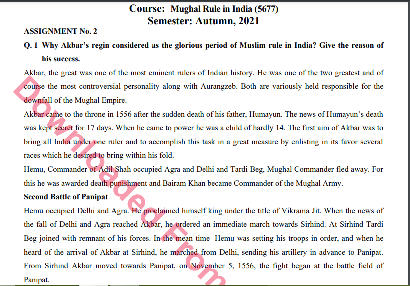 5677/Mughal Rule in India Assignment No. 2 M.A History Solved Download