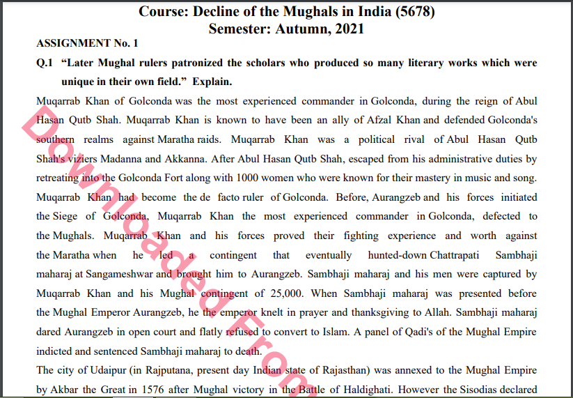 5678/Decline of the Mughals in India Assignment No. 1 M.A History Solved Download