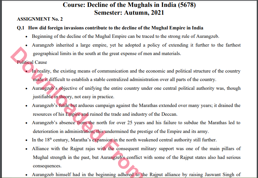 5678/Decline of the Mughals in India Assignment No. 2 M.A History Solved Download
