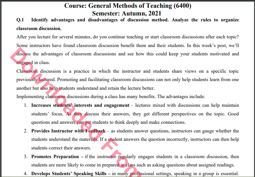 6400/General Methods of Teaching Solved Assignment No.2 B.ED History Download