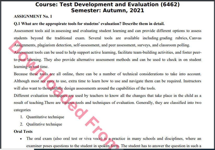 6462/Test Development and Evaluation Solved Assignment No.1 Autumn, 2021 B.ED Download