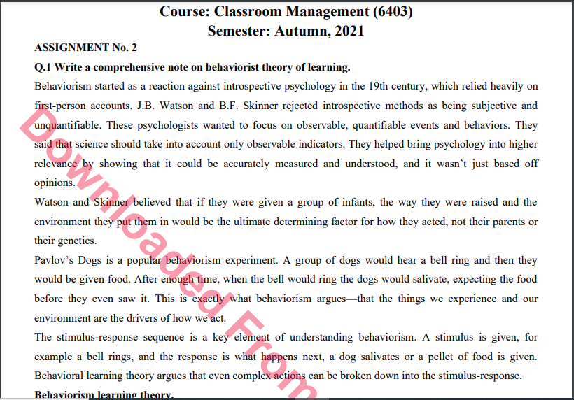 6403/Classroom Management Solved Assignment No.2 B.ED History Download