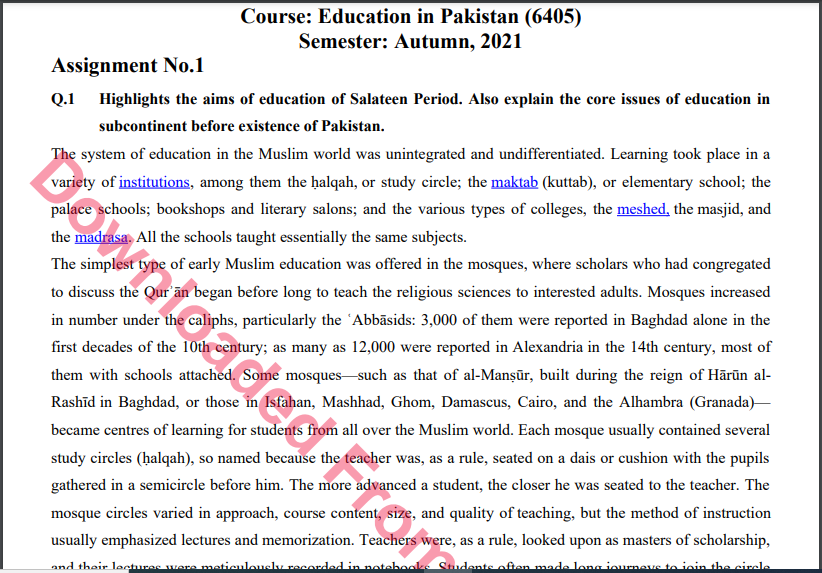 6405/Education in Pakistan Solved Assignment No.1 B.ED History Download