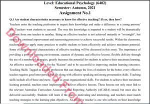 6402/Educational Psychology Solved Assignment No.1 B.ED History Download