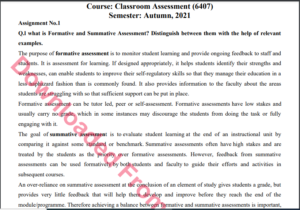 6407/Classroom Assessment Solved Assignment No.1 Autumn, 2021 B.ED History Download