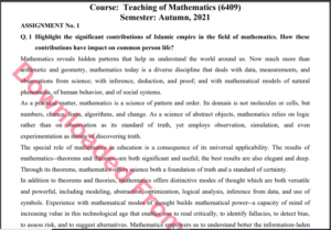6409/Teaching of Mathematics Solved Assignment No.1 Autumn, 2021 B.ED Download