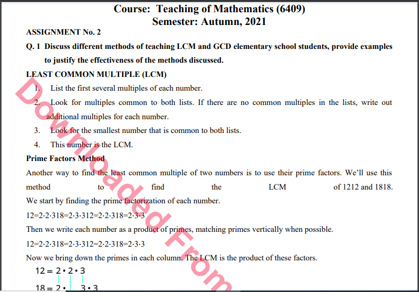 6409/Teaching of Mathematics Solved Assignment No.2 Autumn, 2021 B.ED Download