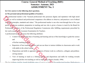 8601/ General Method of Teaching Solved Assignment No.1 Autumn, 2021-2022 B.ED Download