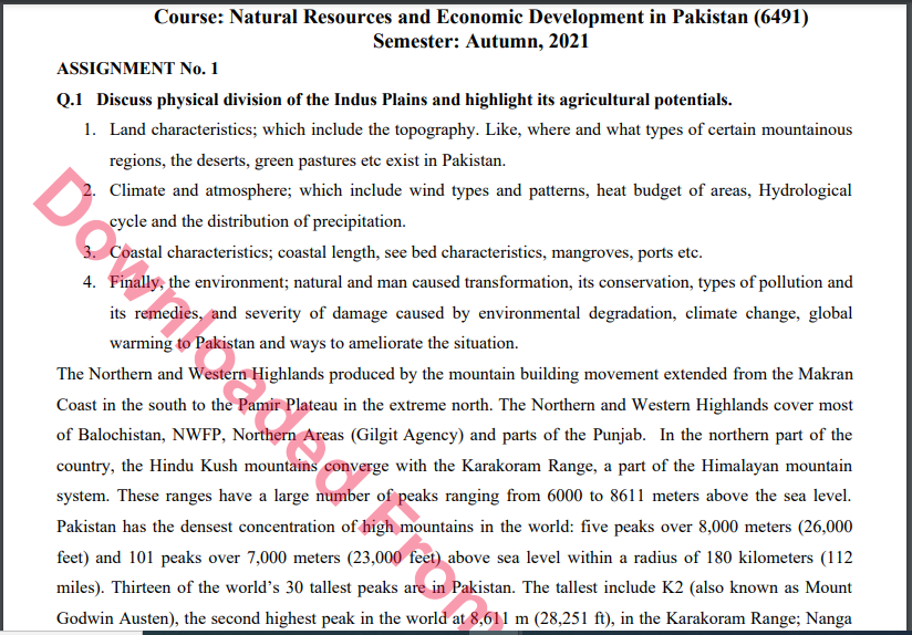 6491/ Natural Resources and Economic Development in Pakistan Solved Assignment No.1 Autumn, 2021 B.ED Download