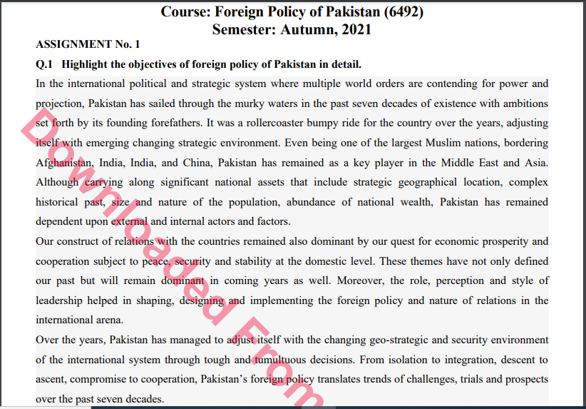 6492/ Foreign Policy of Pakistan Solved Assignment No.1 Autumn, 2021 B.ED Download