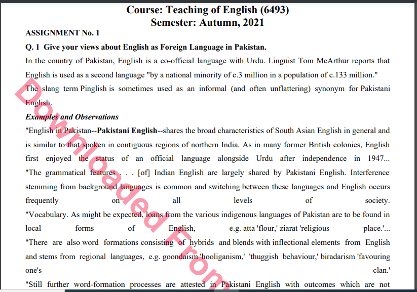 6493/Teaching of English Solved Assignment No.1 Autumn, 2021 B.ED Download