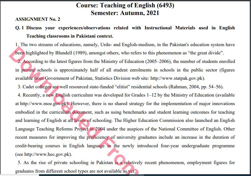 6493/Teaching of English Solved Assignment No.2 Autumn, 2021 B.ED Download