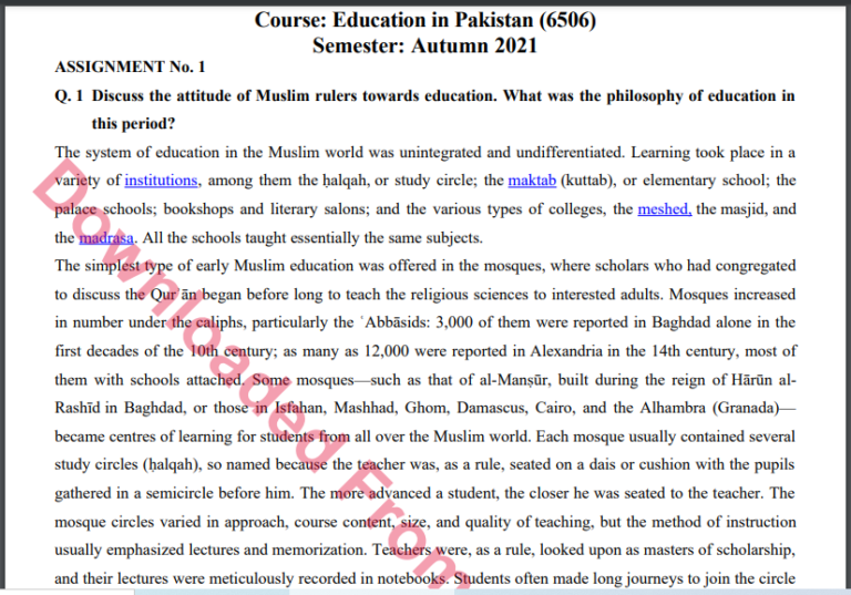 6506/Education in Pakistan Solved Assignment No.1 Autumn, 2021-2022 MA/M.ED Download