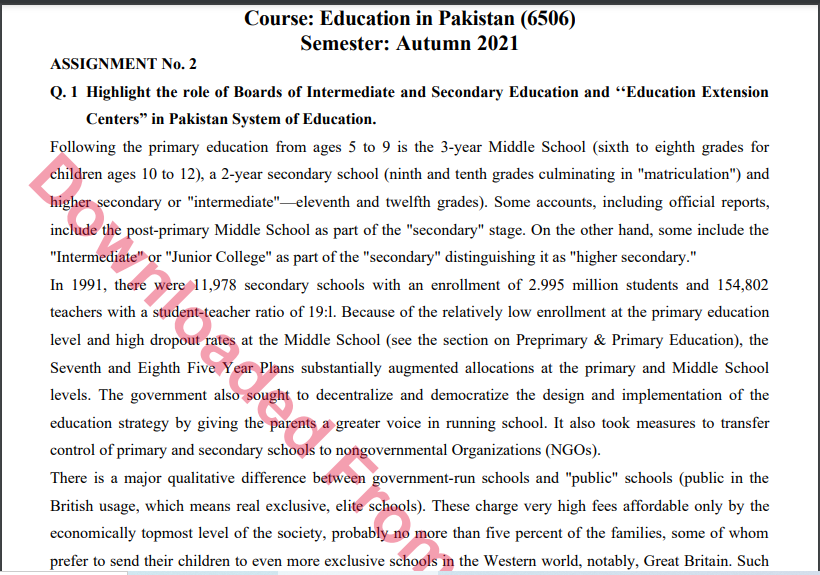 6506/Education in Pakistan Solved Assignment No.2 Autumn, 2021-2022 MA/M.ED Download