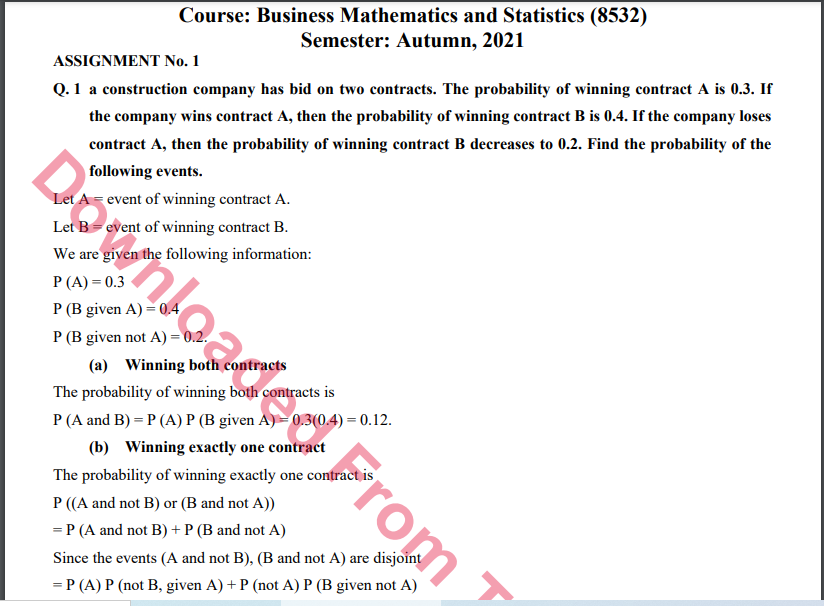 Business Mathematics and Statistics (8532) Solved Assignment 1&2 Autumn, 2021-2022 M. Com/MBA/BS(A&F) Download