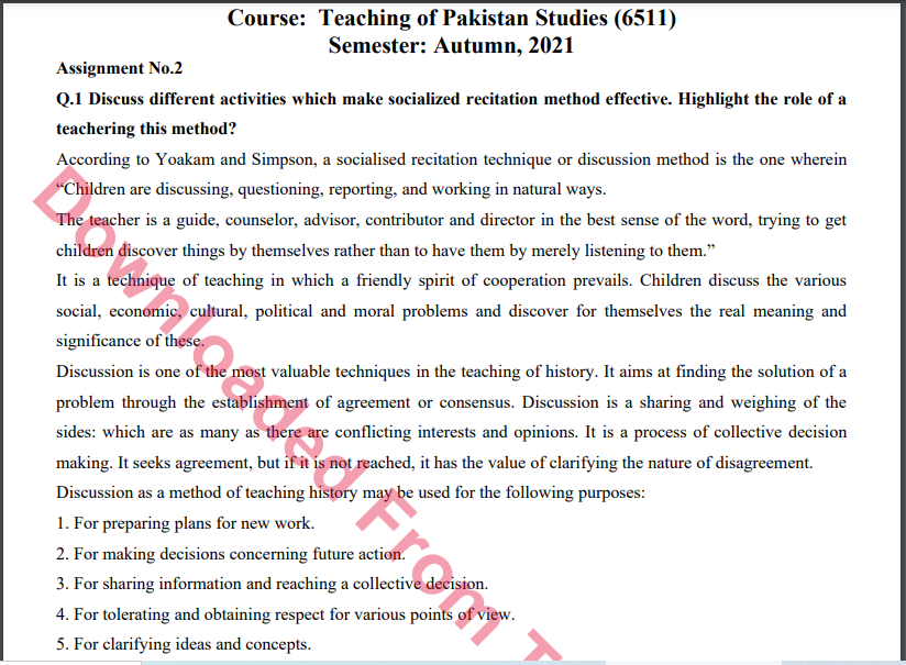 6511/Teaching of Pakistan Studies Solved Assignment No.2 Autumn, 2021-2022 MA/M.ED Download