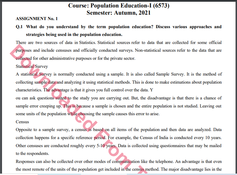 6573/Population Education-I  Solved Assignment 1&2 Autumn, 2021-2022 MA/M.ED Download
