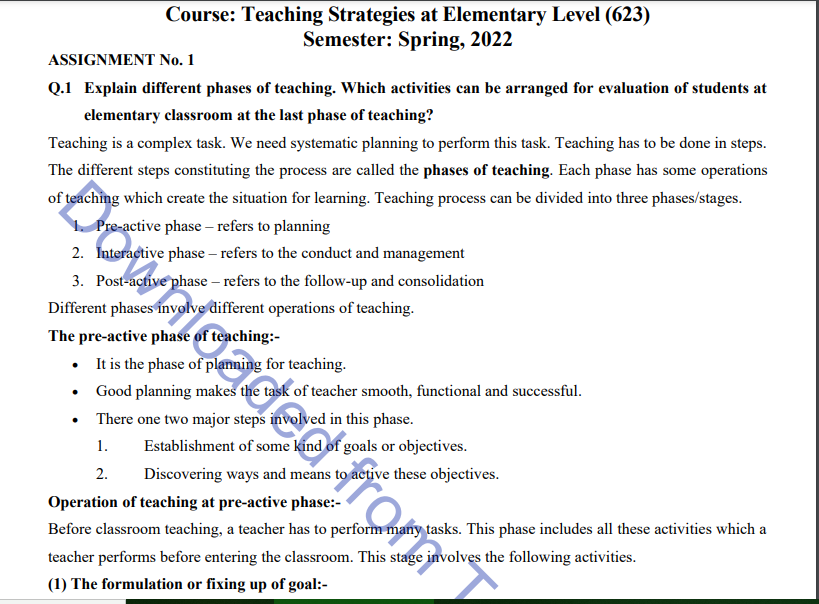 AIOU Spring 2022 Teaching Strategies at Elementary Level (623) Assignment Download