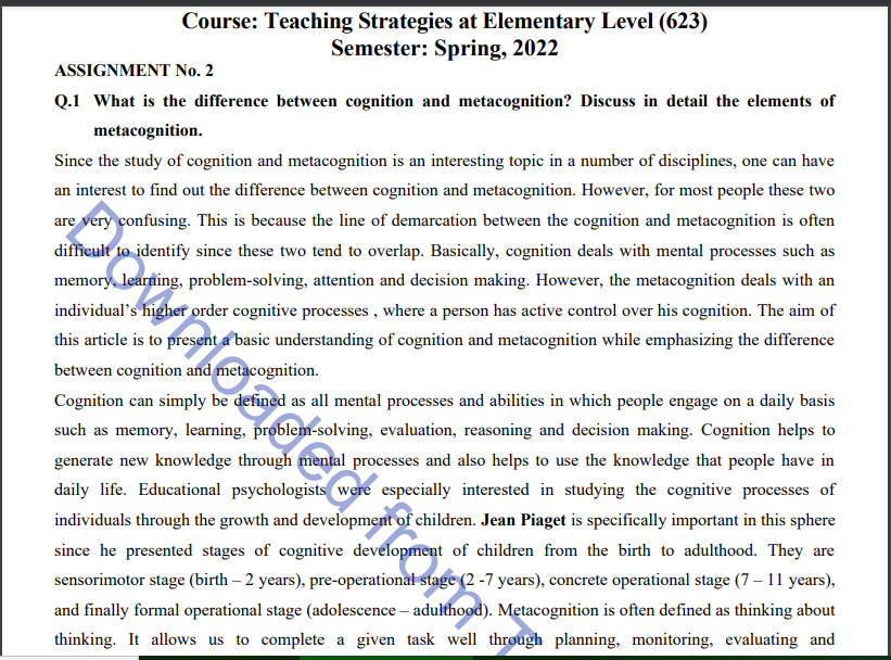 AIOU Spring 2022 Teaching Strategies at Elementary Level (623) Assignment Download