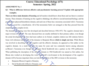 AIOU Spring 2022 Educational Psychology (671) Assignment Download