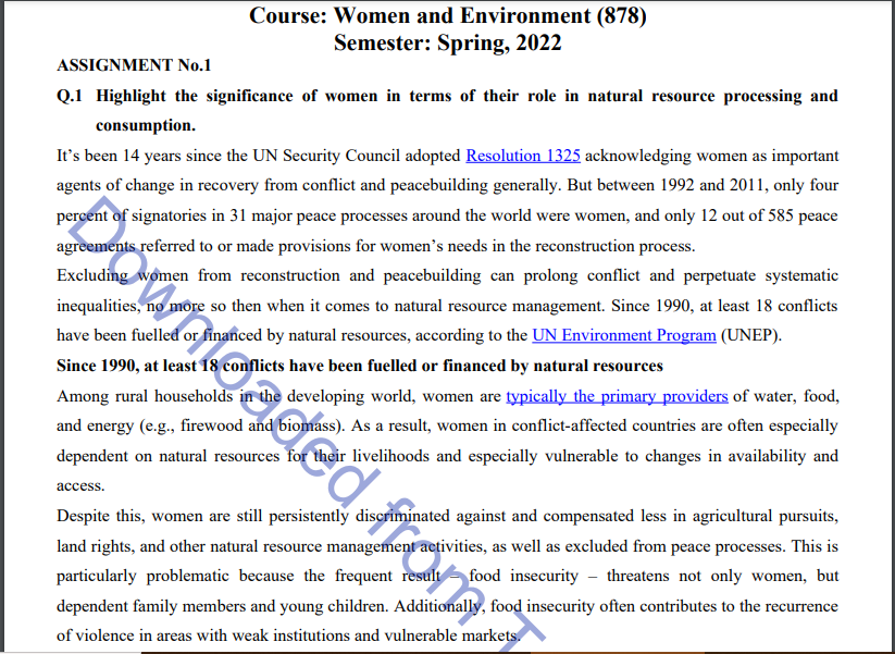 AIOU Spring & Autumn Women and Environment (878) MA & M.ED Assignment Codes 1&2