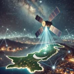 DALL·E 2025 01 08 17.51.05 An artistic depiction of a Starlink satellite orbiting above Pakistan at night with a glowing map of the country illuminated below. The scene highlig